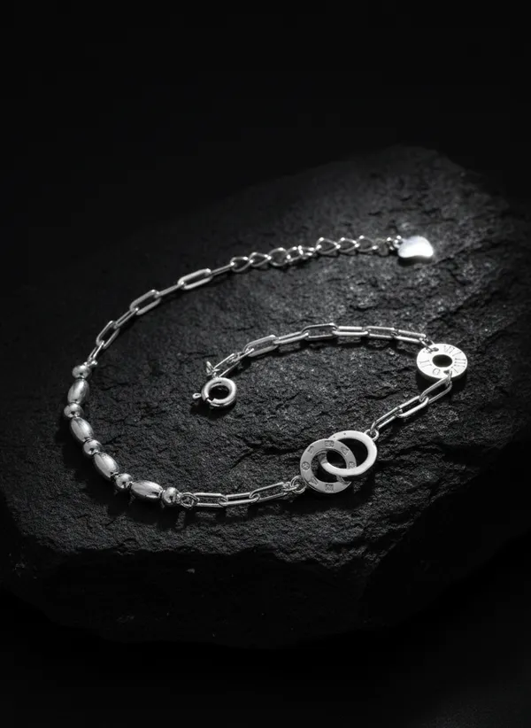 Silver_Tone_Interlocking_Ring_Chain_Adjustable_Bracelet_For_Women_925_Sterling_Silver